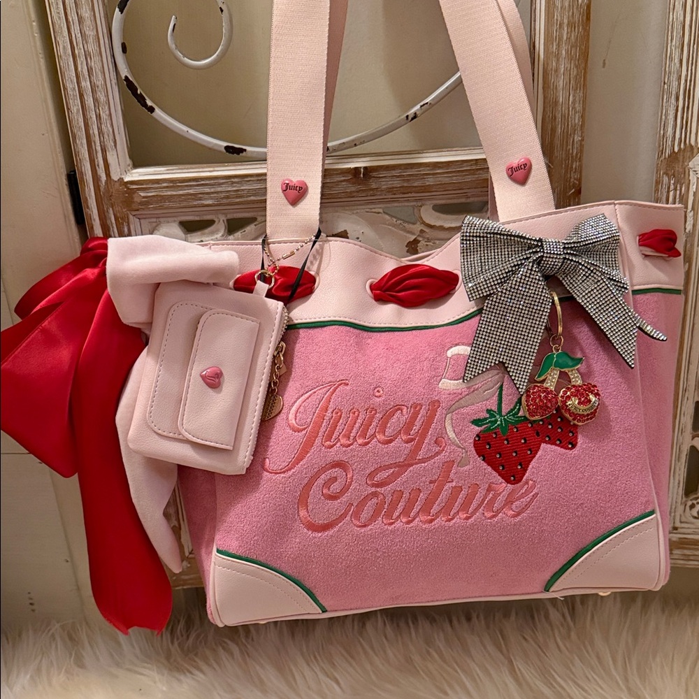 Juicy Couture Pink and Red Tote with Strawberry Charm